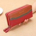 Detailed view of color-block pebbled leather wallet with double gold-tone zippers - Red & Green