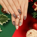 Golden glitter Christmas coffin press-on nails with cute reindeer and snowflake art - Christmas Reindeer Snowflake Style (JP2688)