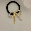 Elastic hair tie with a golden metal twisted rope bow decoration in minimalist style - Twist Bowknot Gold