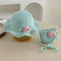 Mint green straw hat and bag set with pink fabric flowers and white pearls for girls - Head Circumference 54cm (3-8 Years) / Bag-Blue