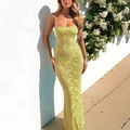 Slim fit lime green lace maxi dress with cut-out details for a sexy Y2K aesthetic look - S / Yellow