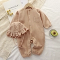 Baby cotton gauze long sleeve romper and ruffle hat set in soft beige finish - Lotus Pink / 66CM