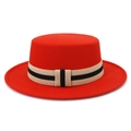 Detail of red wool felt flat top hat featuring a striped ribbon band and elegant texture - One Size 58cm Circumference / Orange