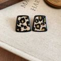 Close-up of retro square leopard print earrings on beige fabric with cozy decor - 21# Black Square Plush Leopard Studs (Silver Pin-Black-Square-Leopard)