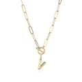 Detailed view of golden paperclip chain necklace with a letter V pendant and toggle clasp - Letter V