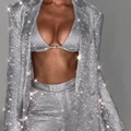 Completo donna 3 pezzi con paillettes argento, blazer, crop top e pantaloni a gamba dritta - L / Grigio Argento