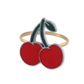 Close-up of a red and green cherry enamel napkin ring with a polished gold metal band - Cherry