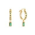 Detailed macro view of S925 silver hoop earrings with green square zircon and gold plating - Gold - Green Zirconia