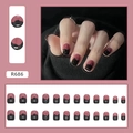 Short wave-patterned press-on nails in black and reddish-brown glossy finish - R686 Sweet Cool Patchwork