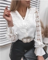 Elegant white lace long sleeve V-neck blouse with pearl buckle belt and button detail - S / White (Belted)