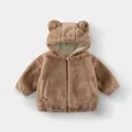 Plush brown hooded jacket for kids with cute bear ears and front zipper closure - 90cm / Tops / Khaki