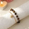 Tiger eye bead and gold heart pendant bracelet set for couples with magnetic attraction - Brown Bead Chain & Gold Thin Chain - Heart Pendant