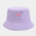 Detailed close-up of pink flamingo embroidery on lavender cotton bucket hat - Light Purple