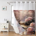 Close-up of double-layer waterproof shower curtain with pink floral and waterfall print - SYL-2 (Peony Forest) Single Shower Curtain / 181x188cm