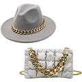 Set cappello in feltro grigio stile british e borsa trapuntata con catena dorata - M(56-58cm) / Grigio Set