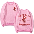 Pink Halloween crewneck sweatshirt with cherry lips print shown in front and back view - Pink