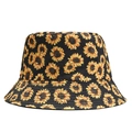 Détail du chapeau bob avec imprimés de tournesols et bord en toile cousue de haute qualité - Taille unique / Noir