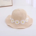 Beige woven straw sun hat for girls with white daisy flower accents and wavy brim - Daisy / Circumference 50-53cm / Off White