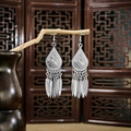 Ethnic style silver-colored earrings featuring peacock feathers and tassel charms - Silver Drop Feather Tassel(E5412-3)