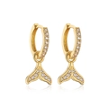 Sparkling 18K gold plated hoop earrings with micro-pave zircon fish tail pendants - White Zirconia Fish Tail