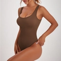 Slim fit dark brown ribbed bodysuit with wide straps and high-stretch texture - S / Coffee