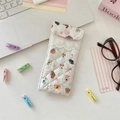 Quilted glasses pouch featuring cartoon puppy prints with pink heart button and lace trim - Star Dog