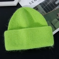Neon green knitted beanie hat with thick long rabbit fur texture and ribbed cuff design - M (56-58cm) / Fluorescent Green