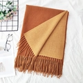 Double-sided dark brown and camel cashmere-feel scarf with elegant fringe detail - 6# Caramel