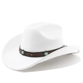 Gros plan détaillé sur un chapeau de cow-boy blanc avec bandeau cuir et perles turquoise - M (56-58cm) / Blanc Pur