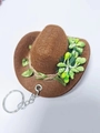 Brown felt cowboy hat keychain with green leaf accent and silver metal keyring - Brown Hat + Green Flower