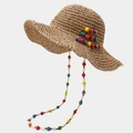 Detailed close-up of woven straw sun hat featuring vibrant colorful wooden beads - Regular Woven Style / Khaki (Style A)