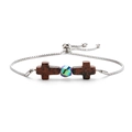 Adjustable stainless steel bracelet with agate cross pendants and bolo slide clasp - Mahogany Obsidian