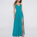 Robe de soirée bleu lac à fines bretelles, décolleté en V et fente latérale haute - US 14 / Haut Et Bas / Bleu lac