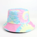 Detail of macaron tie-dye bucket hat featuring multi-row reinforced stitching on brim - M (56-58cm) / Pink Blue Yellow Tie Dye