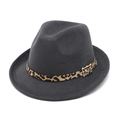 Detailed macro view of dark grey wool fedora hat featuring leopard print belt and gold buckle - M (56-58cm) / Dark Gray
