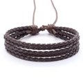 Detailed view of dark brown multi-layer braided leather men's bracelet with adjustable cord knot - 5 Braided PU Strips / Coffee