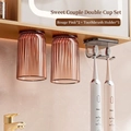 Magnetic toothbrush holder with dual pink striped cups and transparent grey rack - Blush Pink 2pcs (Adhesive) + Double Hook