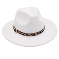 Close-up of white wool fedora hat with leopard print band and gold buckle detail - White
