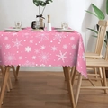 Pastel pink rectangular tablecloth with white snowflake print and scalloped edges - 23 / 152cm*220cm