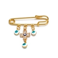 Gold safety pin brooch with blue evil eye beads and sparkling rhinestone cross pendant - Pin with Rhinestone Cross and B&W Evil Eyes