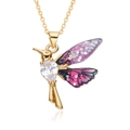 Close-up of hummingbird pendant with colorful enamel wings and large pear-cut zircon - Pink Purple Blue Gradient
