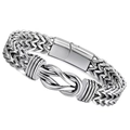 Détail d'un bracelet punk en acier inoxydable argenté avec double chaîne et motif de nœud - Style Magnétique Réversible à Double Rangée / 21cm