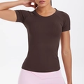 Detail of dark brown seamless fitness t-shirt with breathable texture and slim fit design - S / Distilled Coffee