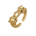 Luxurious gold double leopard head open ring with sparkling green gem eyes on white background - Double Leopard Head Style (CR00803YH)