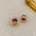 Detail of vintage square earrings with gradient gemstones and pearl border on beige fabric - Gold Pearl Gradient Square Stud Earrings (Silver Needle)