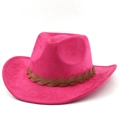 Roze vilten western cowboyhoed met bruine gevlochten kunstlederen band op witte achtergrond - M (56-58cm) / Rozerood