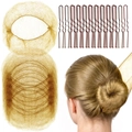 Nylon hair net set with gold mesh and 16 brown U-shaped metal hairpins for hair styling - 20 Light Coffee Nets + 40 U-Pins / Light Coffee