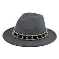 Detail of grey wool fedora hat featuring black velvet band with elegant white pearls - Grey Fedora with Pearl Chain