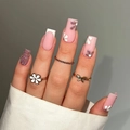 Pink and white long coffin press-on nails with floral 3D accents and glitter finish - Bz1467 Is In Bud. / Jelly Glue + Nail File