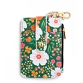 Floral print PU leather card holder with vertical zipper pocket in vintage green finish - Green